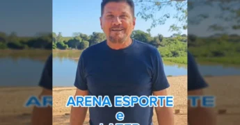 Imagem de um homem apresentando o local da Arena Esportiva do FIPe 2025 em Cáceres, MT. Créditos: fipecaceresoficial.