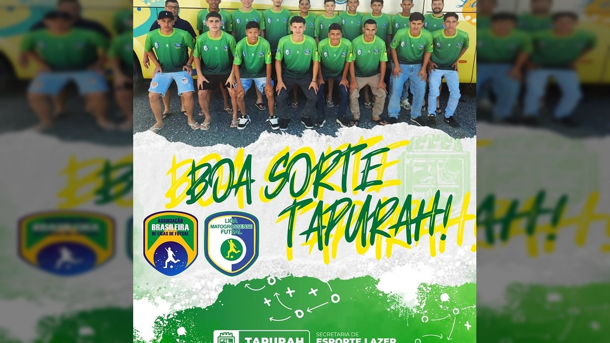 Jogadores da equipe Sub-17 de Futsal de Tapurah posam em frente a ônibus, representando a jornada para o Brasileiro de Ligas. Créditos: Prefeitura de Tapurah / Instagram.