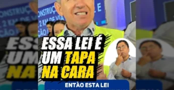 Mauro Mendes em colete de segurança, falando ao microfone sobre a nova lei de licenciamento ambiental, com legenda no vídeo em Libras, imagem de Mauro Mendes / Instagram.