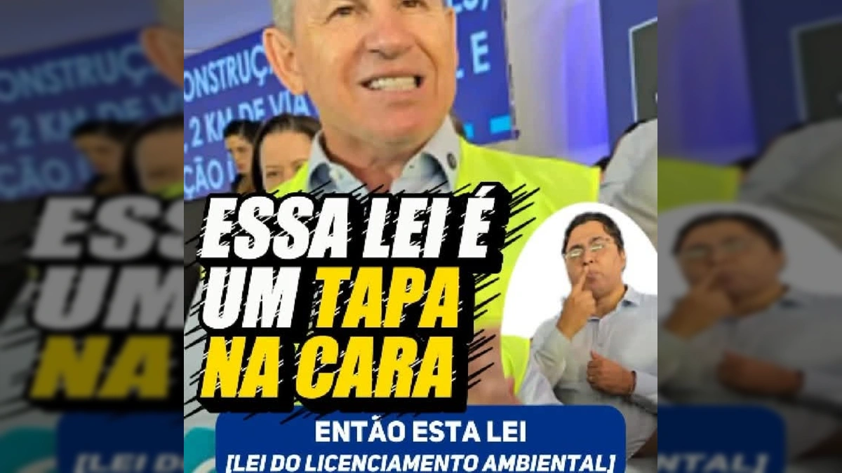 Mauro Mendes em colete de segurança, falando ao microfone sobre a nova lei de licenciamento ambiental, com legenda no vídeo em Libras, imagem de Mauro Mendes / Instagram.