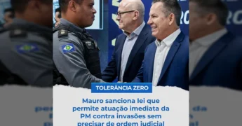 Imagem do Governador Mauro Mendes ao lado de um policial militar, simbolizando a nova lei de tolerância zero contra invasões de terra em Mato Grosso. Crédito: mauromendesoficial/Instagram.