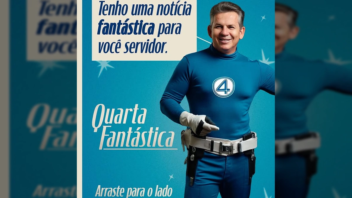 Imagem da campanha 'Quarta Fantástica' com o Governador Mauro Mendes caracterizado, anunciando o pagamento do salário de servidores estaduais de Mato Grosso. Créditos: Mauro Mendes / Instagram.
