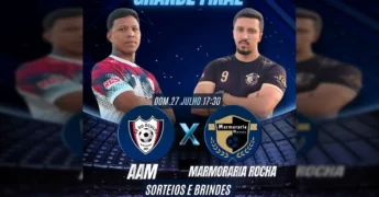 Jogadores da AAM e Marmoraria Rocha se cumprimentam em campo, com crédito a Prefeitura de Marcelândia / Instagram