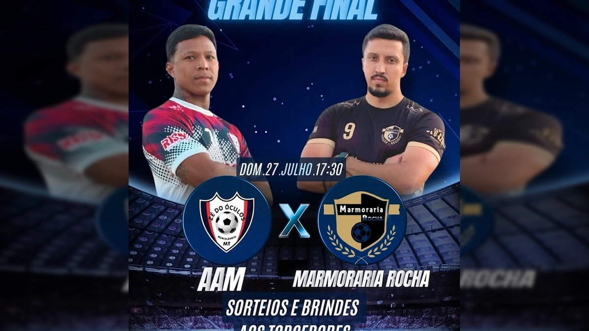 Jogadores da AAM e Marmoraria Rocha se cumprimentam em campo, com crédito a Prefeitura de Marcelândia / Instagram