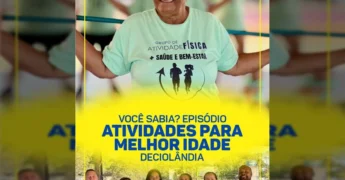 Grupo de idosos praticando alongamento ao ar livre na quadra da Escola Municipal Décio Furigo, em Deciolândia, Diamantino. Créditos: Prefeitura de Diamantino.