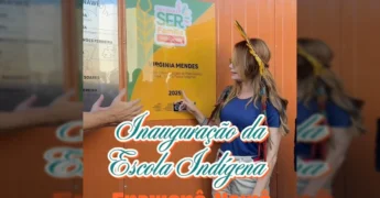 Virgínia Mendes com indígenas na inauguração da escola Enawenê-Nawê em Juína. Créditos: virginiamendesoficial / Instagram.