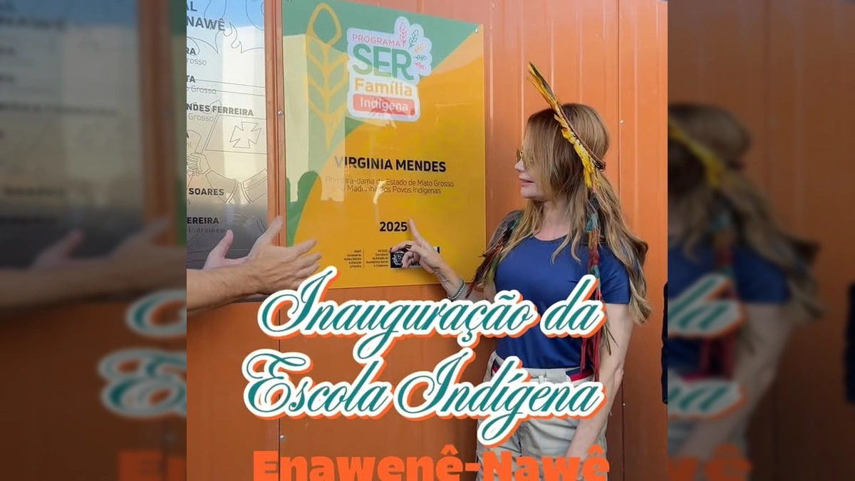 Virgínia Mendes com indígenas na inauguração da escola Enawenê-Nawê em Juína. Créditos: virginiamendesoficial / Instagram.