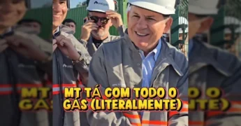 Homens de capacete e jaleco em frente a tubulações amarelas, inaugurando um sistema de gás natural. Créditos: Mauro Mendes / Instagram