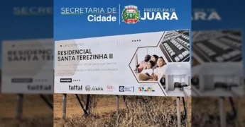 Máquinas e equipe da prefeitura trabalhando no terreno do futuro Residencial Santa Terezinha II em Juara, preparando para a construção de casas populares. Crédito: Prefeitura de Juara / Instagram.