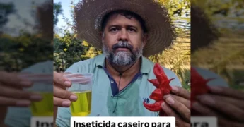 Homem em chapéu de palha mostrando pimentas e um copo de líquido amarelo para inseticida orgânico. Crédito: agronomodevera / Instagram