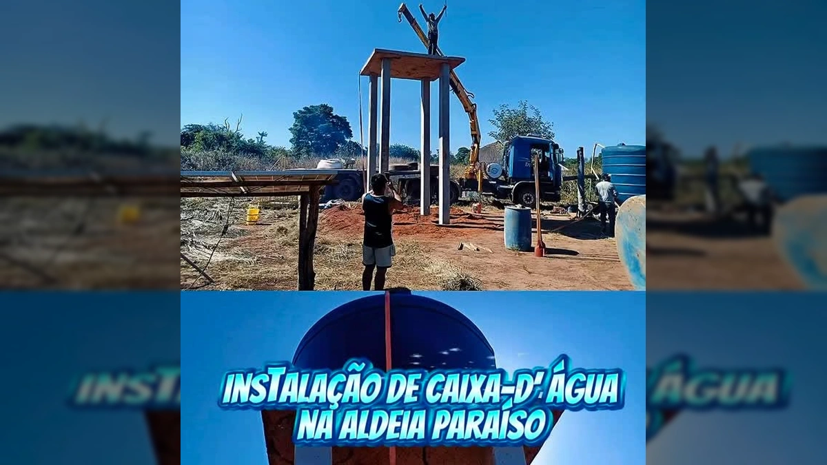 Instalação de caixa-d'água da marca Fortlev na Aldeia Paraíso em Gaúcha do Norte, Mato Grosso, com o uso de um caminhão guindaste, sob o sol forte. Crédito: Prefeitura de Gaúcha do Norte / Instagram