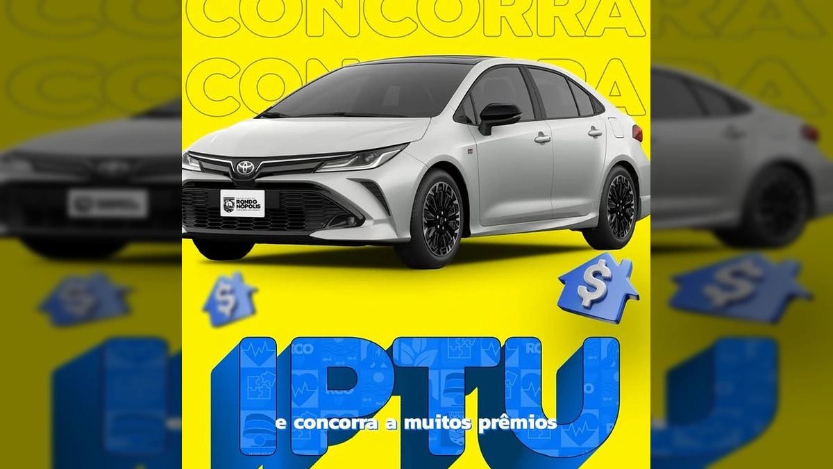 Campanha IPTU Premiado 2025 em Rondonópolis com carro e motos em sorteio. Créditos: Prefeitura de Rondonópolis / Instagram.