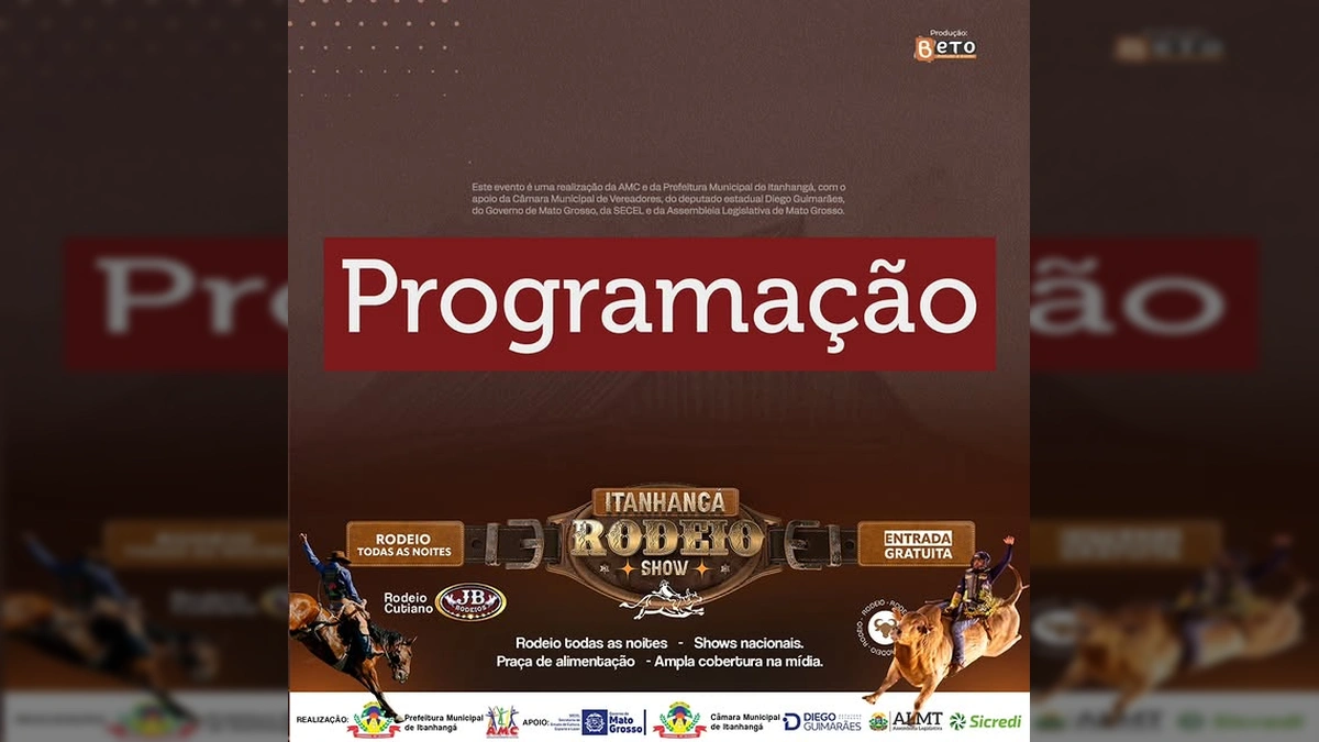 Programação oficial do Itanhangá Rodeio Show 2025, com datas e atrações musicais. Crédito da imagem: @rodeioshowitanhanga2025.