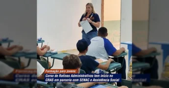 Jovens e autoridades na aula inaugural do curso de Rotinas Administrativas no CRAS de Juara. Créditos: Prefeitura de Juara / Instagram.