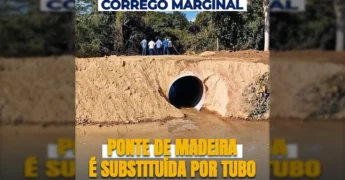 Máquinas pesadas trabalhando na substituição de uma ponte de madeira por tubos Ármicos em Juara, Mato Grosso. Créditos: Prefeitura de Juara / Instagram