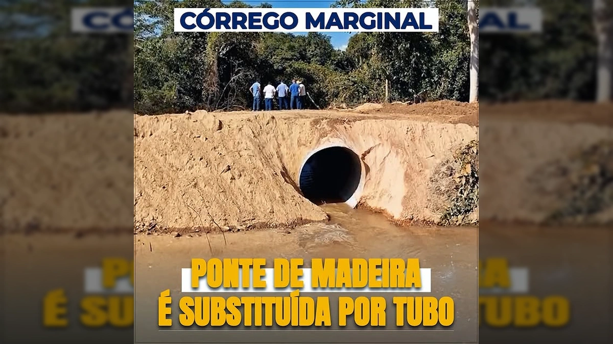 Máquinas pesadas trabalhando na substituição de uma ponte de madeira por tubos Ármicos em Juara, Mato Grosso. Créditos: Prefeitura de Juara / Instagram