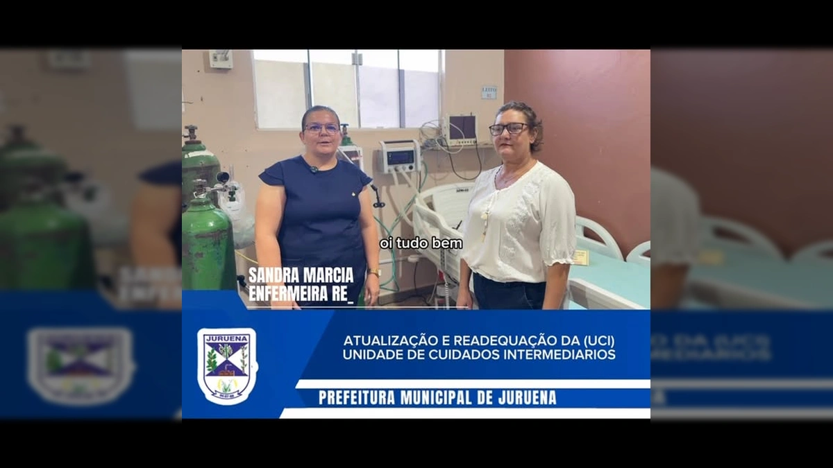 Duas enfermeiras em frente a um leito de UCI com equipamentos médicos no Hospital Municipal de Juruena. Crédito: Prefeitura de Juruena / Instagram