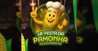 Capa da 18ª Festa da Pamonha em Juscimeira, com o mascote de pamonha chef e datas do evento, crédito para Eventos Rebouças / Instagram.