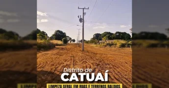 Máquina pesada realizando limpeza em terreno baldio no Distrito de Catuaí, Juara. Créditos: Prefeitura de Juara / Instagram.