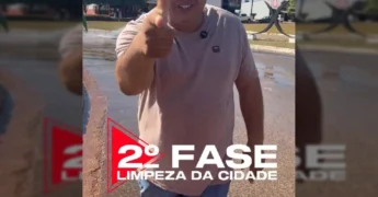 Equipe da prefeitura de Nova Bandeirantes realizando a limpeza das ruas com jatos d'água e caminhões-pipa, em foto da Prefeitura de Nova Bandeirantes no Instagram.