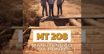 Operários e equipamentos Komatsu trabalhando na substituição de ponte em rodovia de terra. Créditos: Prefeitura Municipal de Nova Bandeirantes / Instagram