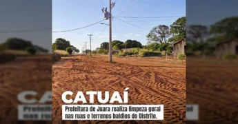 Imagem de uma máquina pesada e um caminhão realizando a limpeza em um terreno no Distrito de Catuaí, Juara. Créditos: Prefeitura de Juara / Instagram.