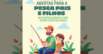 Ilustração e fotos do evento 'Pesca Pais e Filhos' em Marcelândia, com pai e filho pescando no Parque Beija-Flor. Créditos: Prefeitura de Marcelândia / Instagram