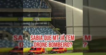 Drone bombeiro em ação no estádio, com bombeiros ao fundo, destacando a nova aquisição do Governo de Mato Grosso / Instagram mauromendesoficial