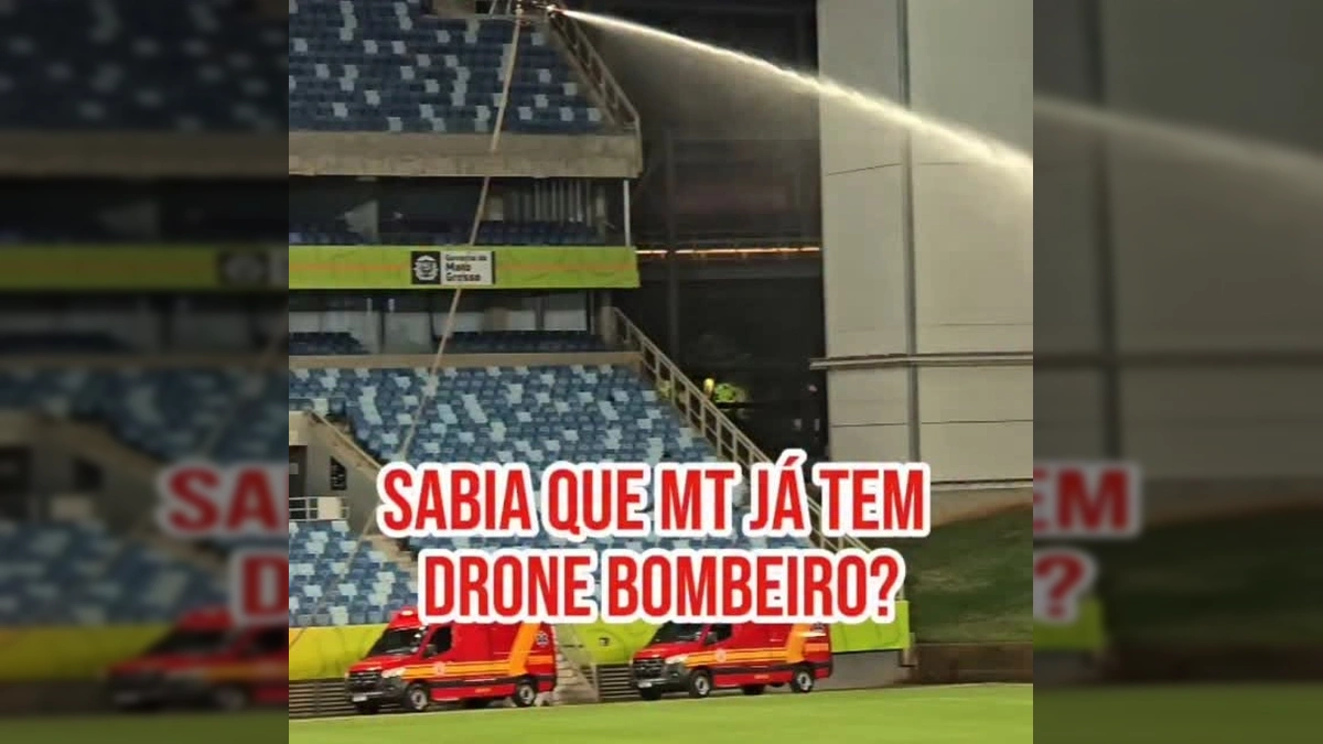 Drone bombeiro em ação no estádio, com bombeiros ao fundo, destacando a nova aquisição do Governo de Mato Grosso / Instagram mauromendesoficial