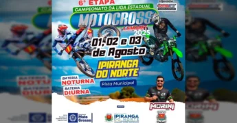 Cartaz promocional do Campeonato de Motocross LEMAMT 2025 em Ipiranga do Norte, MT, com destaque para baterias noturnas e diurnas. Crédito: @ipirangadonorteprefeitura.