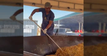 Ana Castro no campo, com informações da 18ª Festa da Pamonha de Juscimeira ao fundo, anunciando o Panelão Portela e o Grupo A Resenha. Créditos: Prefeitura de Juscimeira.