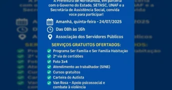 Banner informativo sobre o Mutirão da Cidadania em Nortelândia, com detalhes de data, local e serviços gratuitos. Créditos: Prefeitura_Norte / Instagram