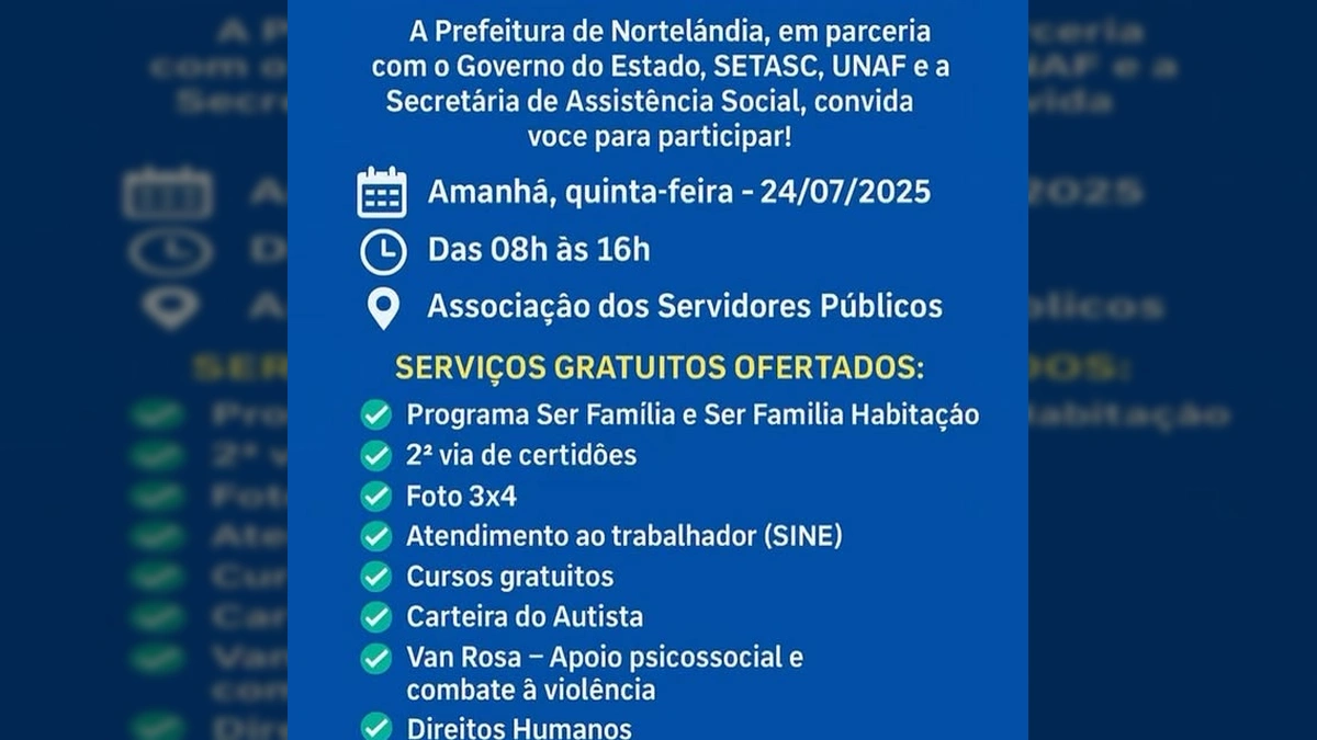 Banner informativo sobre o Mutirão da Cidadania em Nortelândia, com detalhes de data, local e serviços gratuitos. Créditos: Prefeitura_Norte / Instagram