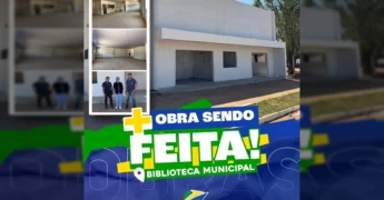 Imagem da nova Biblioteca Municipal de São José dos Quatro Marcos em fase de acabamento, com detalhes internos e externos. Créditos: Prefeitura de São José dos Quatro Marcos.