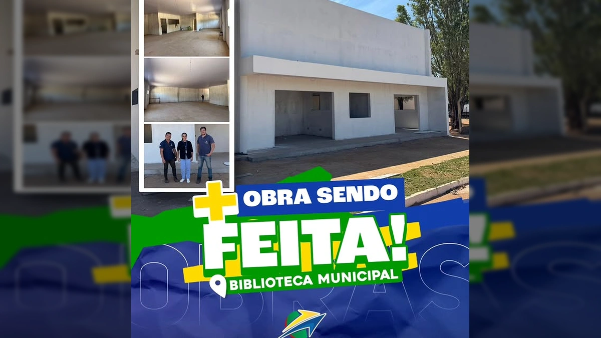 Imagem da nova Biblioteca Municipal de São José dos Quatro Marcos em fase de acabamento, com detalhes internos e externos. Créditos: Prefeitura de São José dos Quatro Marcos.