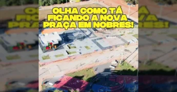 Vista aérea da nova praça em Bom Jardim, Nobres, com playground e áreas de lazer, mostrando o andamento da obra. Créditos: Governo de Mato Grosso / Instagram
