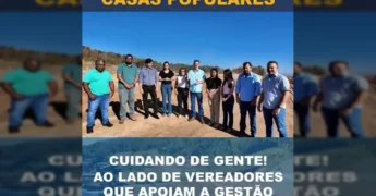 Foto aérea e terrestre das obras do conjunto habitacional Morada da Serra II em Pontes e Lacerda, com a presença de autoridades. Crédito: Instagram @prefeituraponteselacerda
