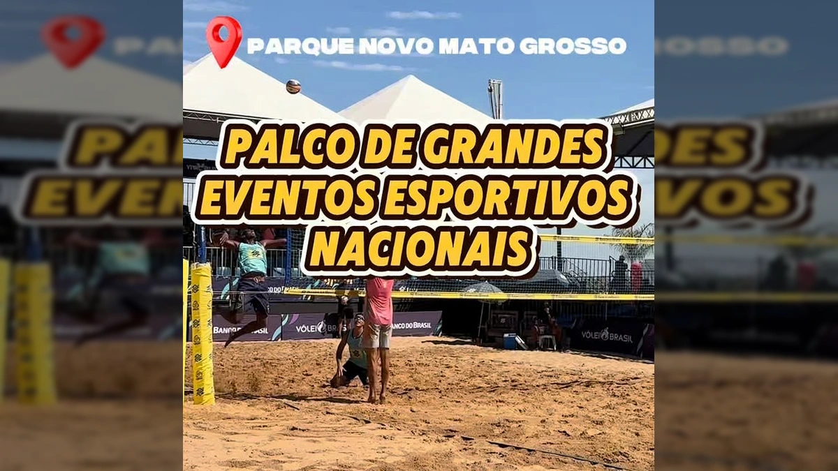 Arena de vôlei de praia no Parque Novo Mato Grosso com atletas em jogo, créditos Governo de Mato Grosso / Instagram