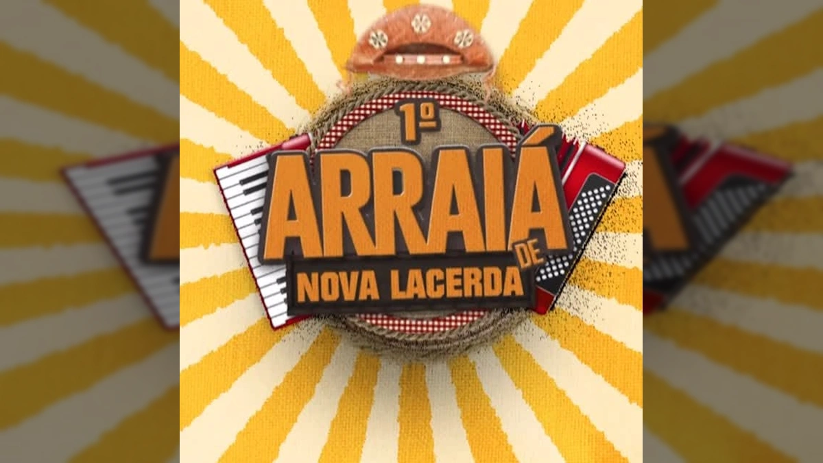 Imagem da Praça Municipal de Nova Lacerda com pessoas dançando em trajes típicos juninos durante o Primeiro Arraiá, com palco ao fundo. Créditos: Prefeitura de Nova Lacerda / Instagram.