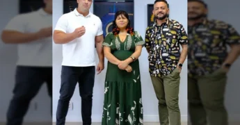 Foto de David Moura, Eliane Xunakalo e Jan Moura anunciando os Jogos Indígenas. Créditos: fepoimt_oficial no Instagram.