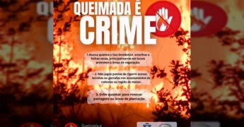 Cartaz de alerta da Prefeitura de Alto Garças com os dizeres 'Queimada é Crime' e ícone de proibição de fogo, créditos à prefeitura_altogarcas.