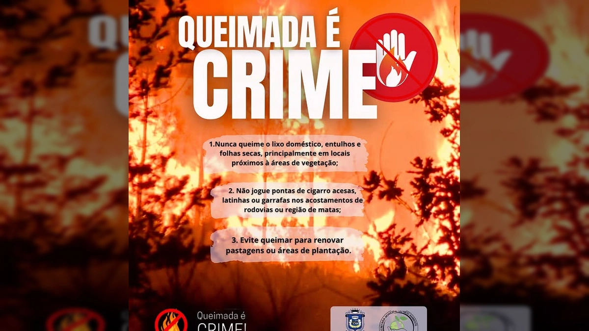 Cartaz de alerta da Prefeitura de Alto Garças com os dizeres 'Queimada é Crime' e ícone de proibição de fogo, créditos à prefeitura_altogarcas.