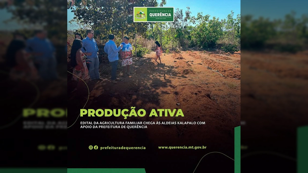 Grupo de pessoas, incluindo membros da comunidade Kalapalo, em uma área de plantio demonstrando o apoio à agricultura familiar em Querência. Créditos: Prefeitura de Querência-MT / Instagram.