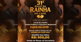 Imagem promocional do 31º Baile da Rainha do Café em Nova Bandeirantes, com mulheres em trajes de gala e a coroa do evento. Crédito: Prefeitura de Nova Bandeirantes / Instagram