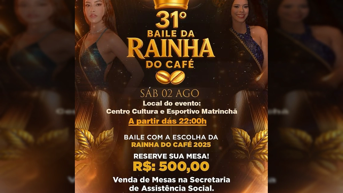 Imagem promocional do 31º Baile da Rainha do Café em Nova Bandeirantes, com mulheres em trajes de gala e a coroa do evento. Crédito: Prefeitura de Nova Bandeirantes / Instagram