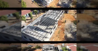 Imagens aéreas e em solo da obra de reforma e ampliação da Creche Municipal Nova Brusque em Santa Rita do Trivelato. Créditos: Prefeitura Municipal de Santa Rita do Trivelato / Instagram.