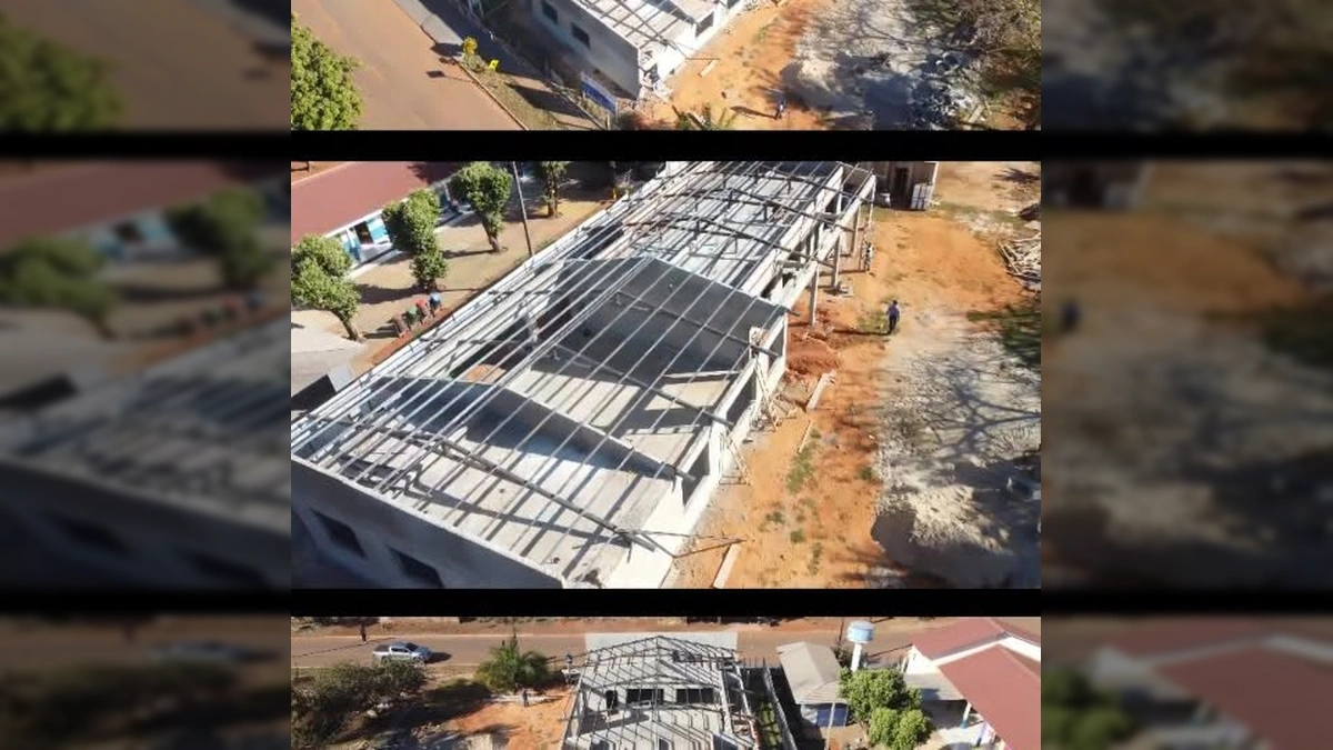 Imagens aéreas e em solo da obra de reforma e ampliação da Creche Municipal Nova Brusque em Santa Rita do Trivelato. Créditos: Prefeitura Municipal de Santa Rita do Trivelato / Instagram.