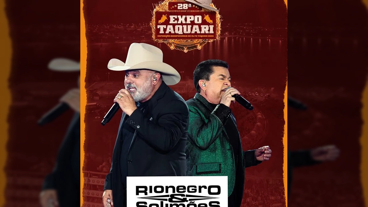 Dupla sertaneja Rio Negro e Solimões se apresentando no palco, em destaque na 28ª Expo Taquari. Créditos: Prefeitura de Alto Taquari / Instagram.