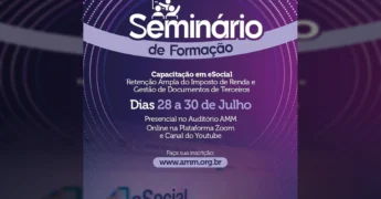 Banner do Seminário de Formação promovido pela AMM, destacando temas como eSocial e gestão de documentos. Créditos: @amm.mt no Instagram.