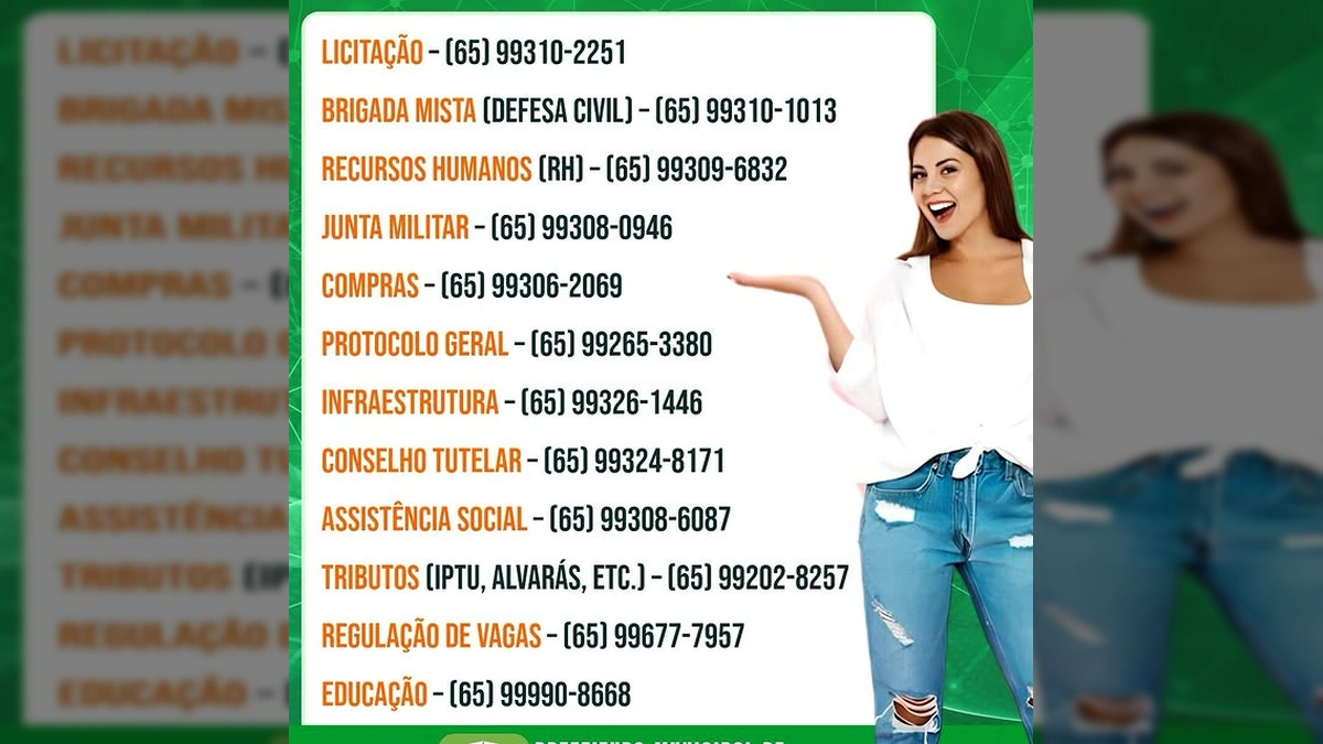Telefones úteis da Prefeitura de Rosário Oeste para contato com diversos setores. Créditos: Prefeitura de Rosário Oeste / Instagram.